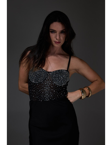 BON FASHION Rhinestone bodysuit BO7047-BLACK | BON FASHION