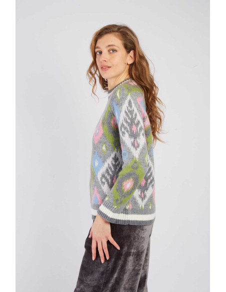 R.DERHY PULL JACQUARD MOTIF GRAPHIQUE ADELAIDE A540007-GREY | BON FASHION