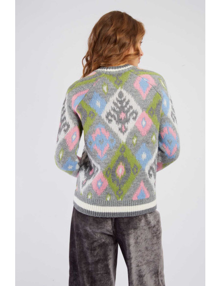 R.DERHY PULL JACQUARD MOTIF GRAPHIQUE ADELAIDE A540007-GREY | BON FASHION