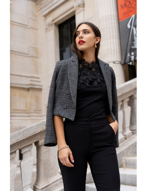 BON FASHION Cropped tweed blazer V324-DARK GRAY | BON FASHION