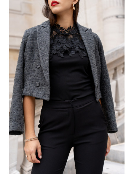 BON FASHION Cropped tweed blazer V324-DARK GRAY