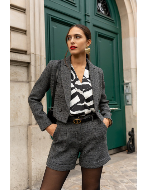 BON FASHION Cropped tweed blazer V324-DARK GRAY