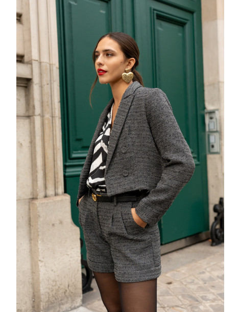 BON FASHION Cropped tweed blazer V324-DARK GRAY | BON FASHION