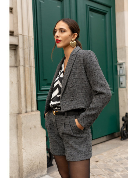 BON FASHION Cropped tweed blazer V324-DARK GRAY | BON FASHION