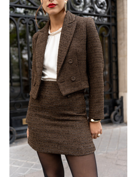 BON FASHION Cropped tweed blazer V324-BROWN | BON FASHION
