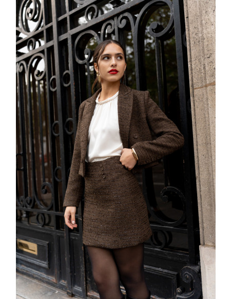 BON FASHION Cropped tweed blazer V324-BROWN | BON FASHION
