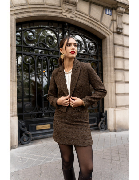 BON FASHION Cropped tweed blazer V324-BROWN