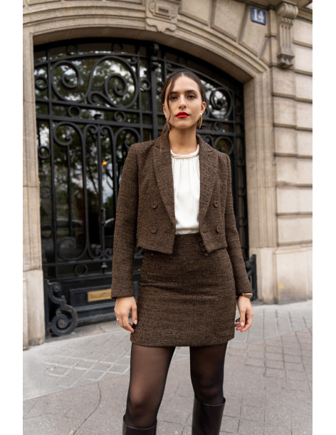 BON FASHION Cropped tweed blazer V324-BROWN