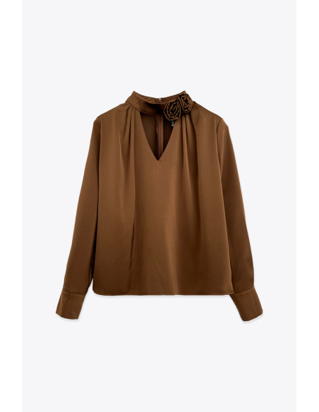 BON FASHION blouse with keyhole cutout 25212-BROWN | BON FASHION