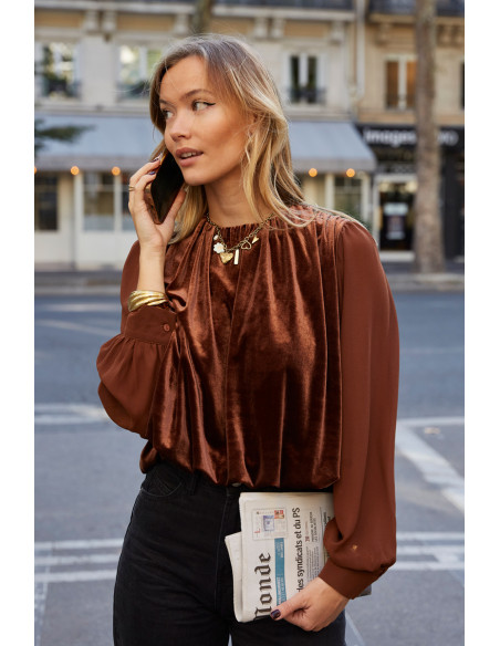 BON FASHION Flowy velvet blouse with sheer sleeves 23383-BROWN