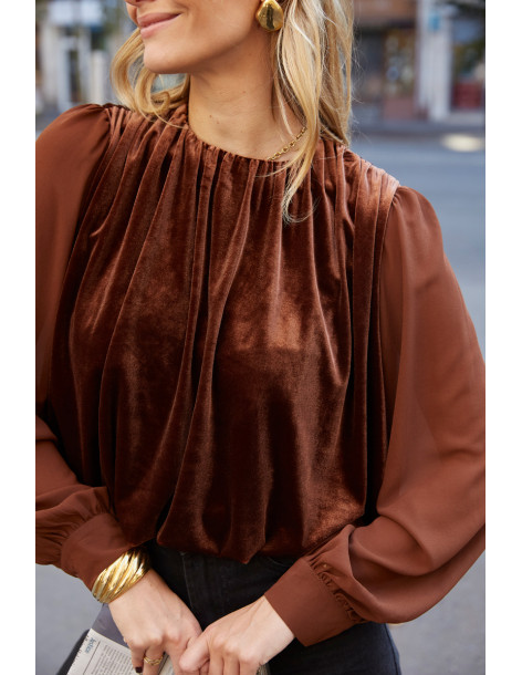 BON FASHION Flowy velvet blouse with sheer sleeves 23383-BROWN | BON FASHION