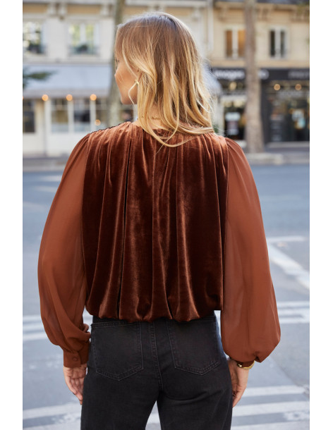 BON FASHION Flowy velvet blouse with sheer sleeves 23383-BROWN | BON FASHION