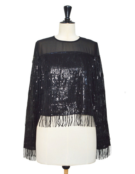 BON FASHION Sequin and fringe top 50607-BLACK
