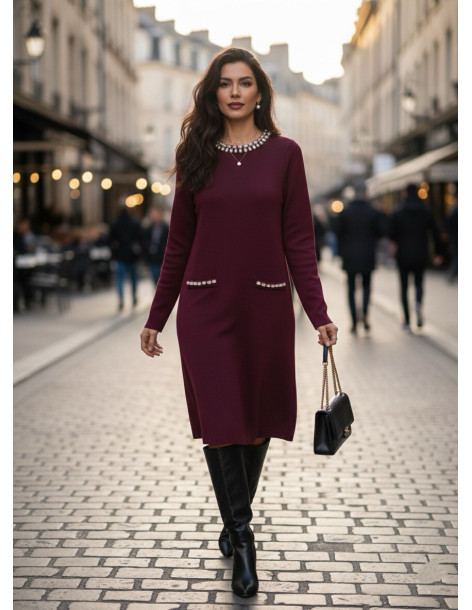 BON FASHION Loose knit dress TY26533-BURGUNDY