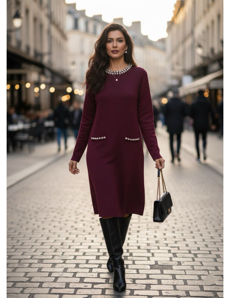 BON FASHION Loose knit dress TY26533-BURGUNDY