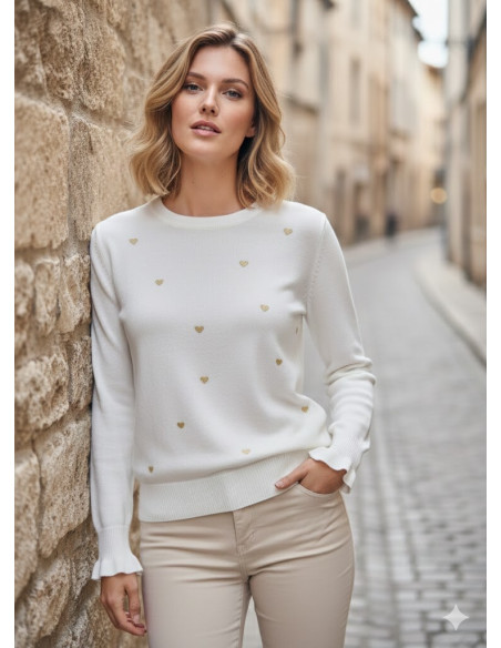 BON FASHION Casual sweater with hearts CH8936-WHITE
