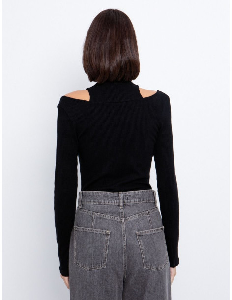 TOI & MOI Rib μπλούζα με κοψίματα 80-66740-225-ΜΑΥΡΟ | BON FASHION
