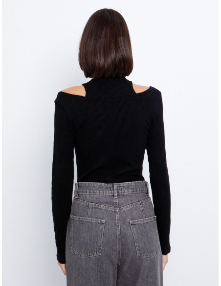 TOI & MOI Rib μπλούζα με κοψίματα 80-66740-225-ΜΑΥΡΟ | BON FASHION