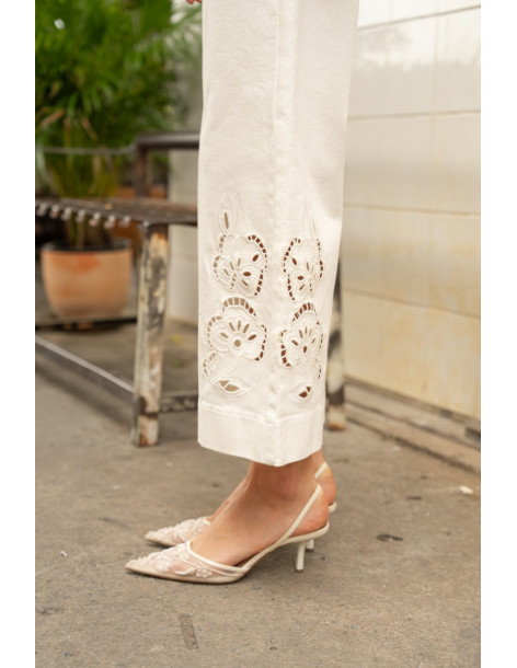 ORAIJE PARIS Jean wide à détails dentelles JD642-WHITE | BON FASHION