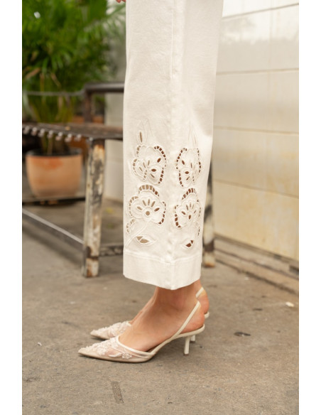 ORAIJE PARIS Jean wide à détails dentelles JD642-WHITE | BON FASHION