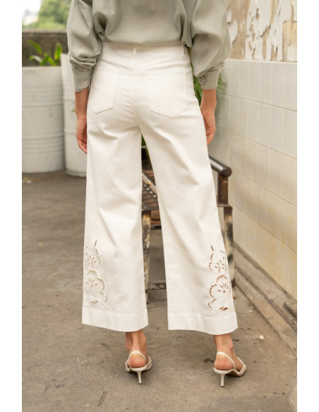ORAIJE PARIS Jean wide à détails dentelles JD642-WHITE | BON FASHION