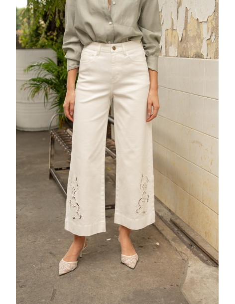 ORAIJE PARIS Jean wide à détails dentelles JD642-WHITE | BON FASHION