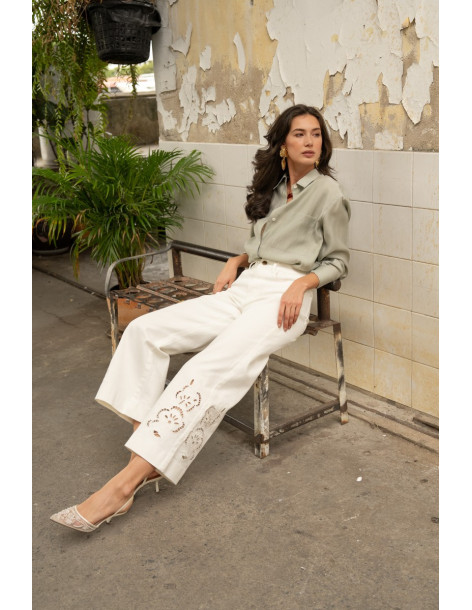 ORAIJE PARIS Jean wide à détails dentelles JD642-WHITE | BON FASHION