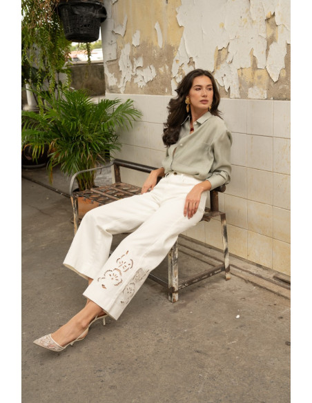 ORAIJE PARIS Jean wide à détails dentelles JD642-WHITE | BON FASHION