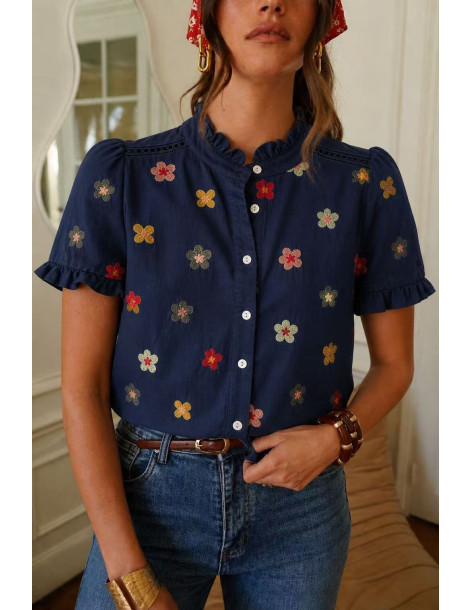 BON FASHION Κεντημένη μπλούζα με πολύχρωμα λουλούδια Q3308-NAVY