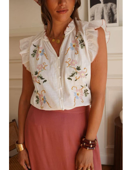BON FASHION αμάνικη κεντημένη μπλούζα με βολάν Q3331-WHITE