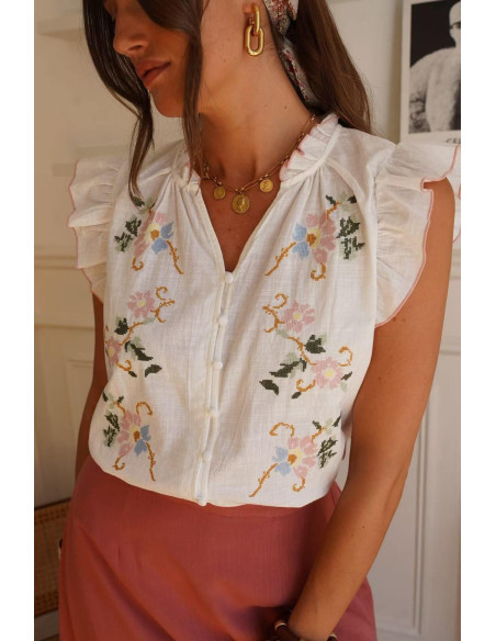 BON FASHION αμάνικη κεντημένη μπλούζα με βολάν Q3331-WHITE