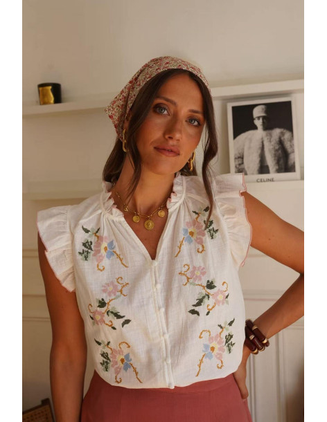 BON FASHION αμάνικη κεντημένη μπλούζα με βολάν Q3331-WHITE