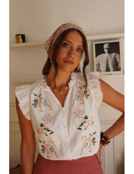 BON FASHION αμάνικη κεντημένη μπλούζα με βολάν Q3331-WHITE