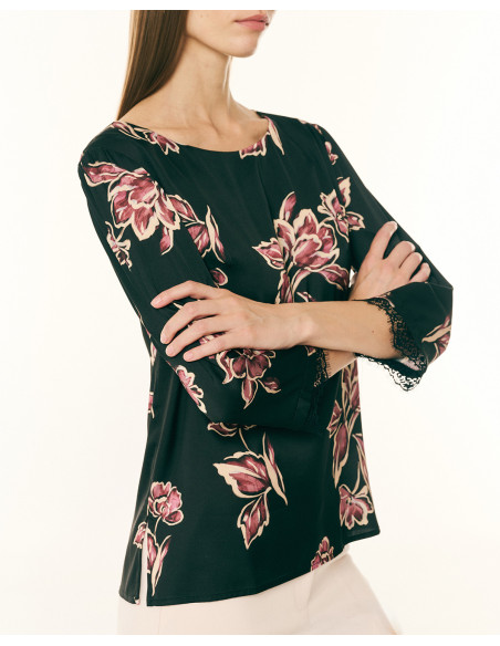 FORAL Μπλούζα satin φλοράλ 083.10.01.032-ΜΑΥΡΟ