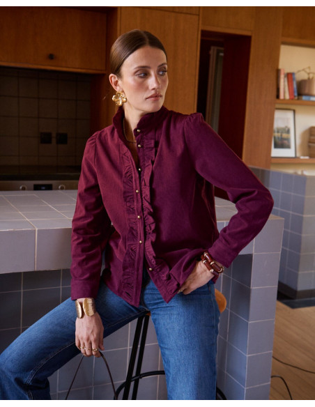 BON FASHION Πουκάμισο με βολάν και ψηλό γιακά Q3361-ΜΠΟΡΝΤΟ