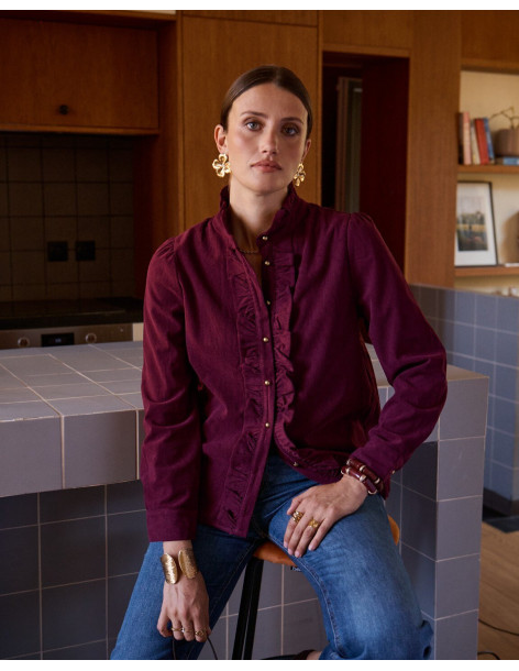 BON FASHION Πουκάμισο με βολάν και ψηλό γιακά Q3361-ΜΠΟΡΝΤΟ