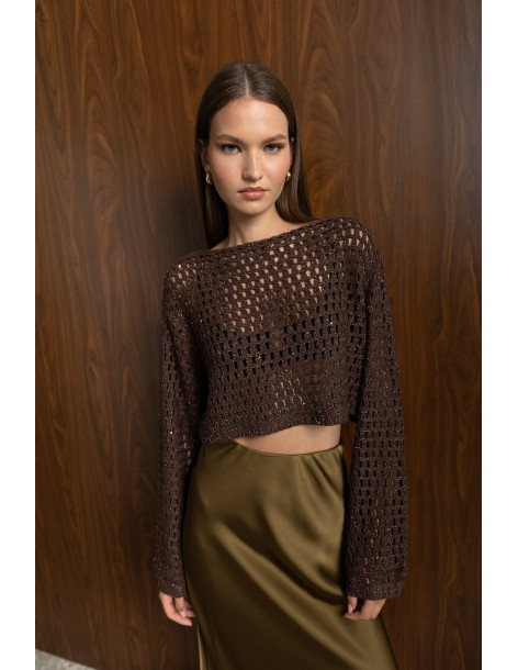 DONNA MARTHA Crop πλεκτό με lurex και παγιέτα καφέ  27412-2-ΚΑΦΕ