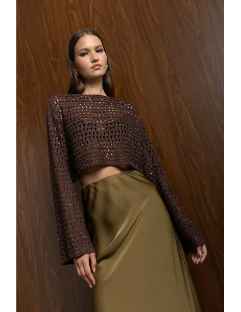 DONNA MARTHA Crop πλεκτό με lurex και παγιέτα καφέ  27412-2-ΚΑΦΕ 2