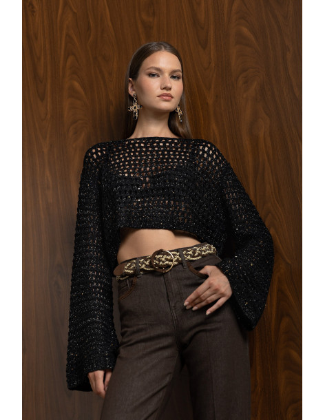 DONNA MARTHA Crop πλεκτό με lurex και παγιέτα καφέ  27412-2-ΜΑΥΡΟ 2