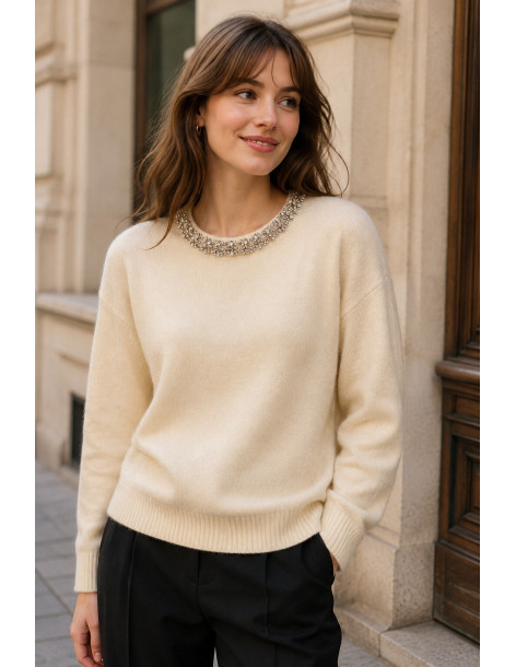 BON FASHION πλεκτό πουλόβερ με διακοσμημένη λαιμόκοψη SH798-ΜΠΕΖ