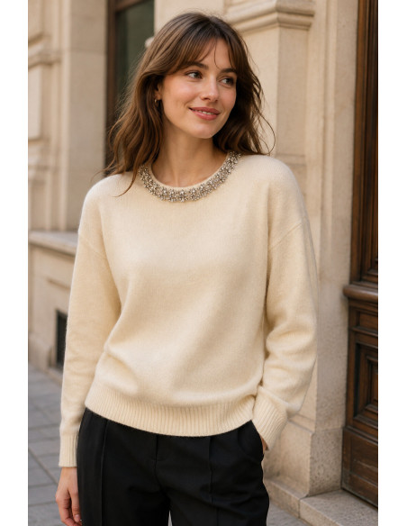 BON FASHION πλεκτό πουλόβερ με διακοσμημένη λαιμόκοψη SH798-ΜΠΕΖ