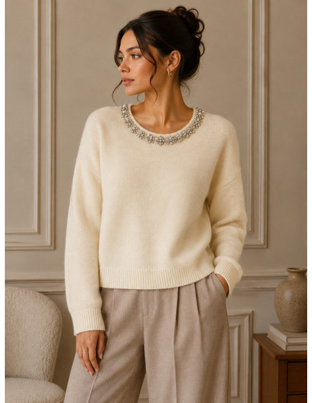 BON FASHION πλεκτό πουλόβερ με διακοσμημένη λαιμόκοψη SH798-ΜΠΕΖ