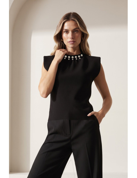 BON FASHION Αμάνικο τοπ  που με κομψές λεπτομέρειες από στρας 16181-ΜΑΥΡΟ