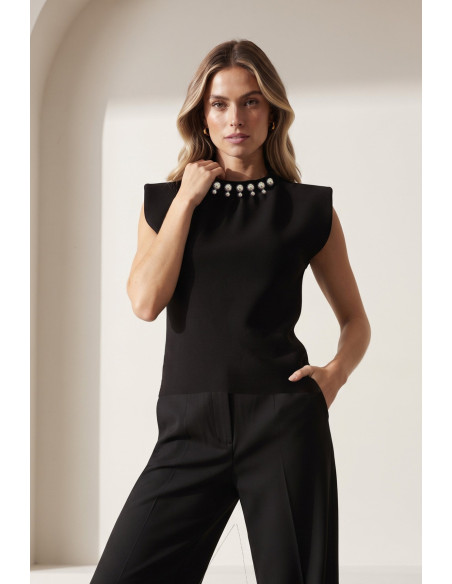 BON FASHION Αμάνικο τοπ  που με κομψές λεπτομέρειες από στρας 16181-ΜΑΥΡΟ