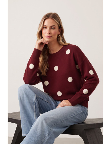 BON FASHION Μαλακό πλεκτό πουλόβερ πουά 22081-ΜΠΟΡΝΤΟ