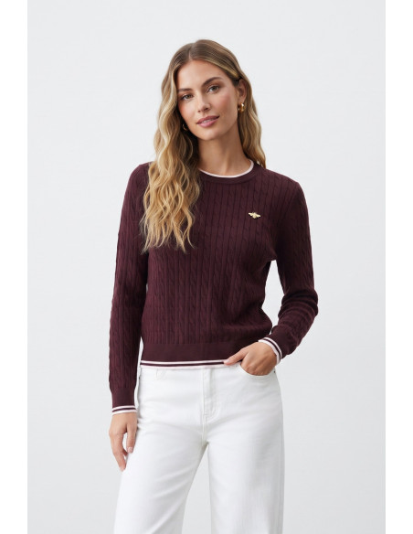 BON FASHION Πλεκτό πουλόβερ με πλέξη και κεντημένη μέλισσα στο στήθος 78102-ΜΠΟΡΝΤΟ