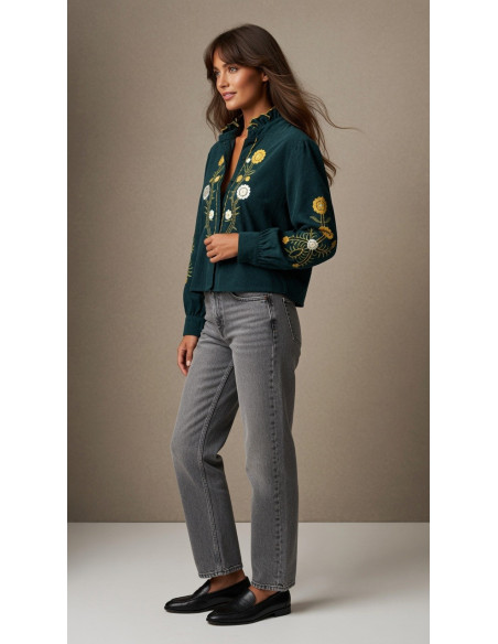 BON FASHION Κοτλέ πουκάμισο με κέντημα 26658-ΠΡΑΣΙΝΟ