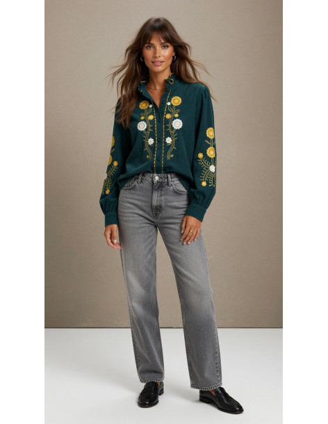 BON FASHION Κοτλέ πουκάμισο με κέντημα 26658-ΠΡΑΣΙΝΟ