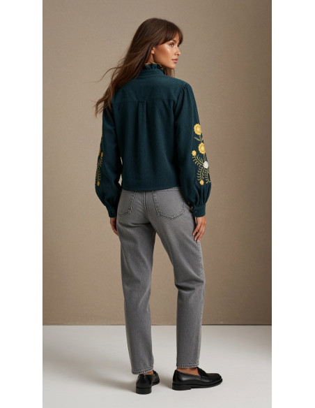 BON FASHION Κοτλέ πουκάμισο με κέντημα 26658-ΠΡΑΣΙΝΟ