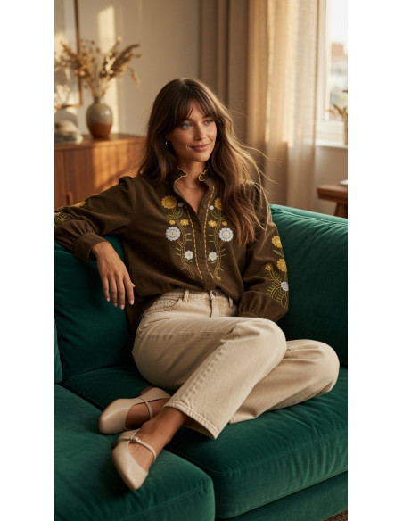 BON FASHION Κοτλέ πουκάμισο με κέντημα 26658-ΚΑΦΕ